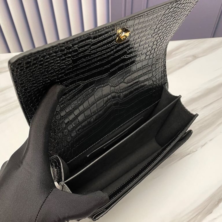 SUNSET MEDIUM CHAIN BAG IN CROCODILE-EMBOSSED SHINY LEATHER