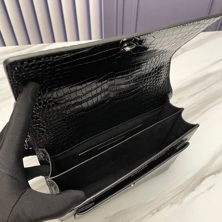 SUNSET MEDIUM CHAIN BAG IN CROCODILE-EMBOSSED SHINY LEATHER